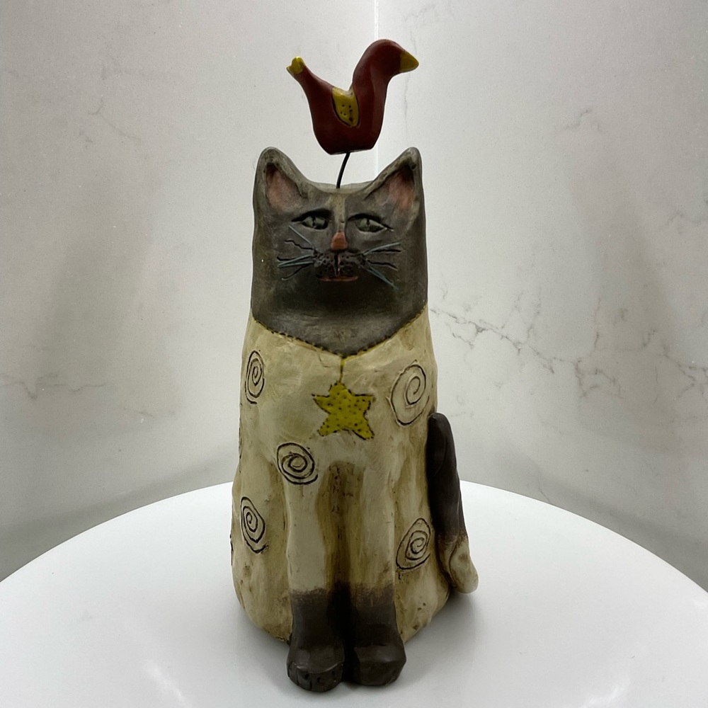 E.R.S. Artist Signed Folklore Cat with Bird on Head Sculpture